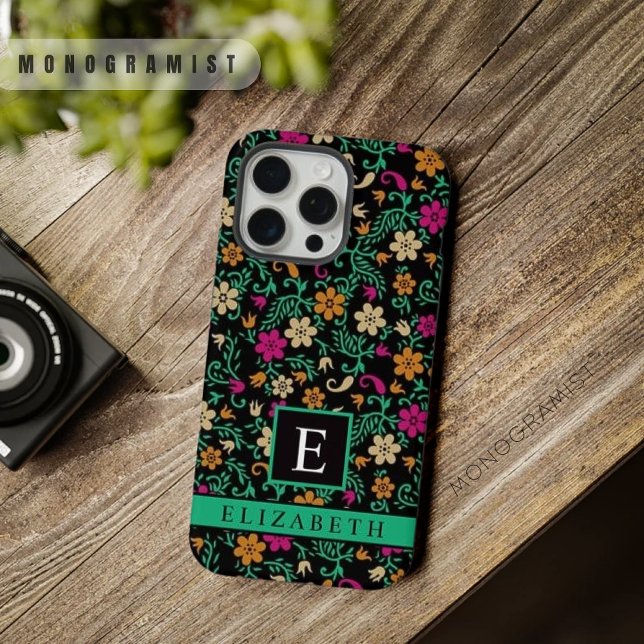 Pink-grüne Blume aus schwarzblütenfarbenem Rosa iPhone Hülle (Customizable Black Floral Pink Green Flowers iPhone Case)