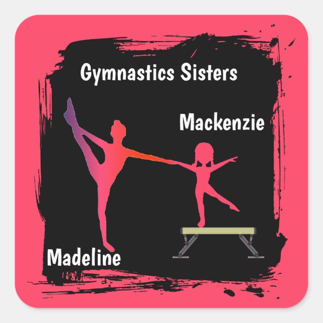 Pink Grunge Gymnastics Sisters Name Art  Quadratischer Aufkleber (Vorderseite)