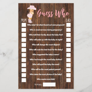 Pink Guess Who Cowgirl Baby Shooting Game Card Flyer