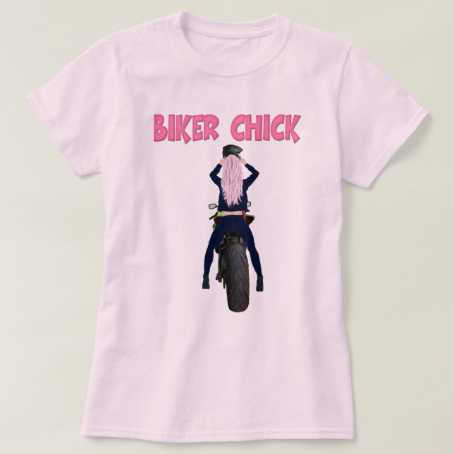Pink Hair Biker Chick Motorrad T - Shirt (Design vorne)
