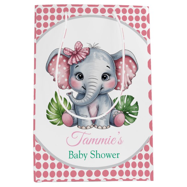 Pink Hair Bow Niedlich Elephant Baby Dusche Mittlere Geschenktüte (Vorderseite)