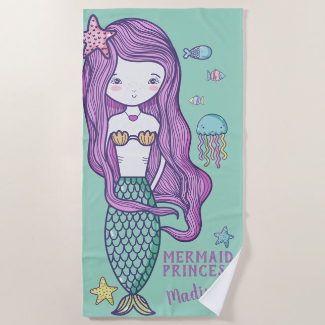Pink Hair Mermaid und Ocean Friends Personalisiert Strandtuch (Vorderseite)