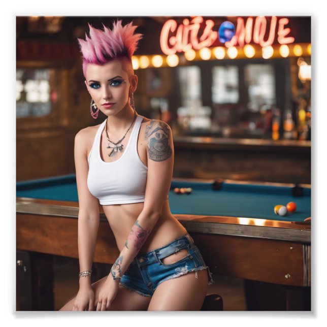 Pink Hair Tattoo Punk Pool Bar Girl Fotodruck (Vorne)