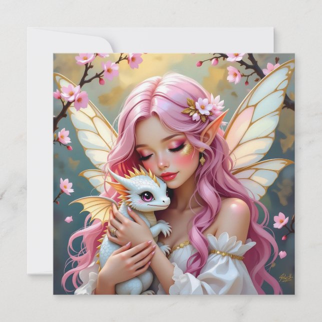 Pink Haired Fairy and White Baby Dragon Blank Karte (Vorderseite)