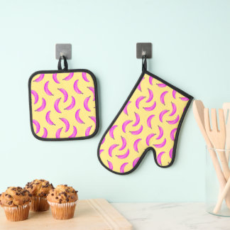 Pink Halftone Banana Pattern Novelty Ofenhandschuh & Topflappen-Set