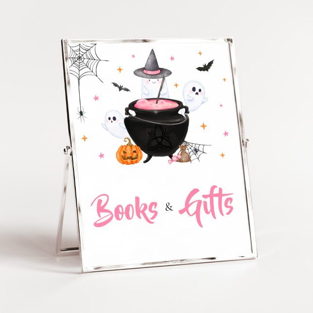 Pink Halloween Baby ist das Brauen von Büchern und Poster (Baby is Brewing Baby Shower Books and Gifts Sign)