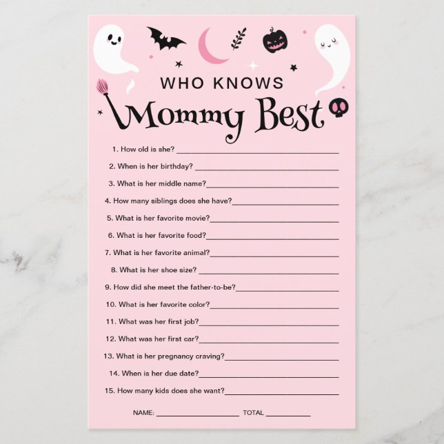 Pink Halloween Baby Shower kennt Mommy Game (Vorderseite)