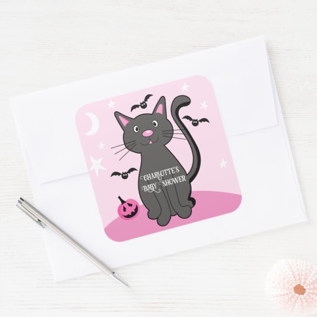Pink Halloween Black Cat Girl Babydusche Quadratischer Aufkleber (Umschlag)