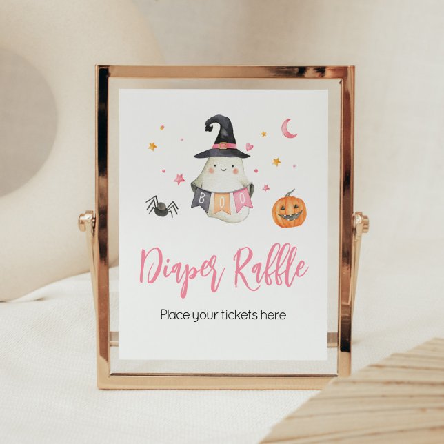 Pink Halloween Ghost Little Boo Baby Dusche Poster (Little Boo Baby Shower Diaper Raffle Sign)