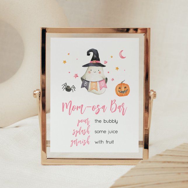 Pink Halloween Ghost Little Boo Mama Osa Bar Poster (Little Boo Baby Shower Mom Osa Bar Sign)