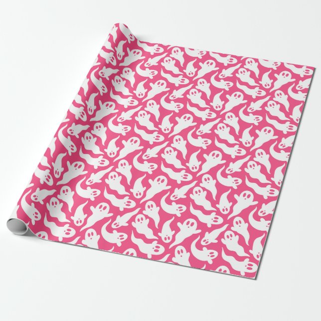 Pink Halloween Ghost Pattern Geschenkpapier (Ungerollt)