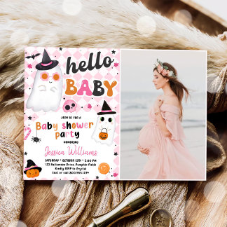 Pink Halloween Niedlich Ghost Baby Dusche Foto Einladung