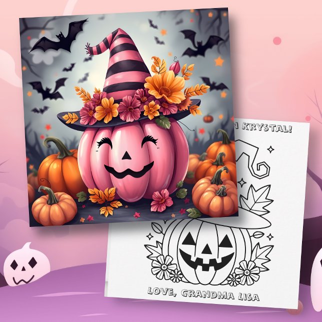 Pink Halloween Pumpkin & Coloring Page Personalize Karte (Von Creator hochgeladen)