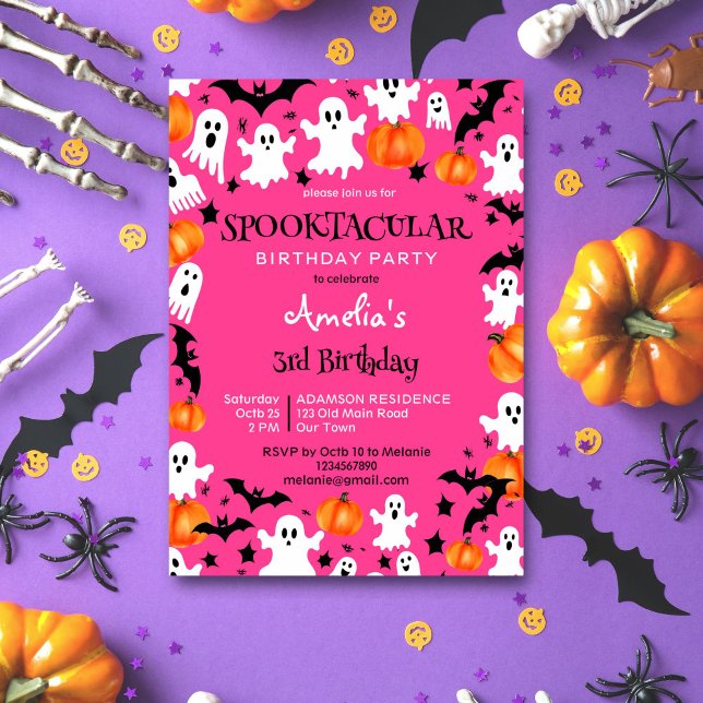 Pink Halloween spooktacular Geburtstagsparty Einladung (Pink Halloween spooktacular birthday party editable template invitation digital download ghosts bats)