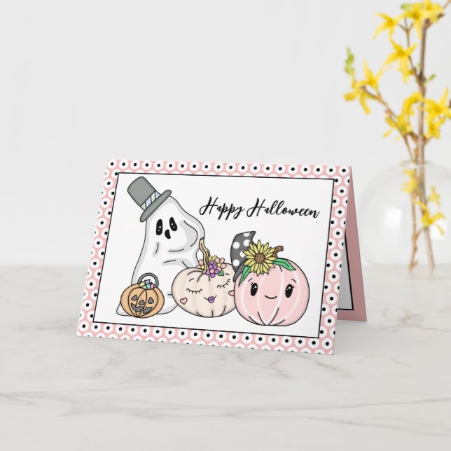 Pink Halloween Whimsical Pumpkins und Boo Karte (Gelbe Blume)