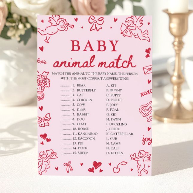 Pink Hand Drawn Baby Animal Match Baby Shower Game Einladung (Pink Hand Drawn Baby Animal Match Baby Shower Game)