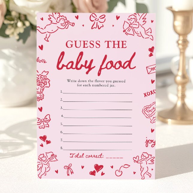 Pink Hand Drawn Baby Shower Guess The Baby Food Einladung (Pink Hand Drawn Baby Shower Guess The Baby Food Game)