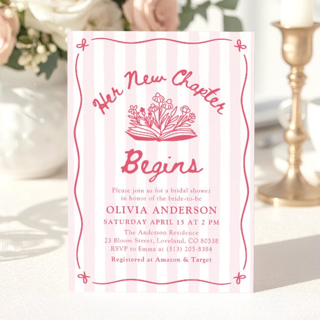 Pink Hand Drawn Book Her New Chapter Bridal Shower Einladung (Pink Hand Drawn Book Her New Chapter Bridal Shower Invitation)