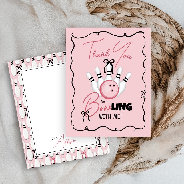 Pink Hand Drawn BOWling Bows Girl Birthday Party Dankeskarte (Cute funny pink and black coquette bows BOWling theme hand drawn custom girl birthday thank you card)