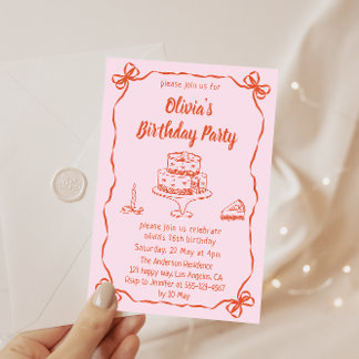 Pink Hand-Drawn Cake & Ribbon Border Birthday Einladung