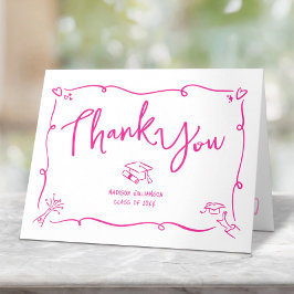 Pink Hand Drawn Doodle Style Graduation White Fun Dankeskarte