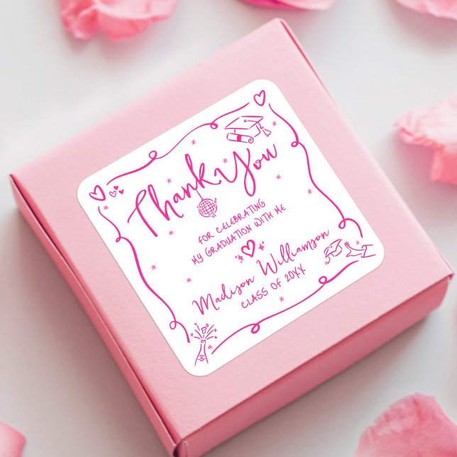 Pink Hand Drawn Doodles Graduation Thank You White Quadratischer Aufkleber (Von Creator hochgeladen)