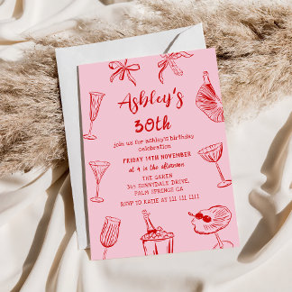 Pink Hand Drawn Funky 30. Geburtstag Party Einladung