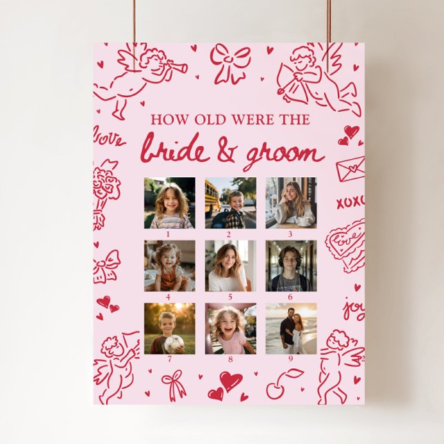 Pink Hand Drawn How Old Were Bride & Groom Sign Poster (Pink Hand Drawn How Old Were Bride & Groom Sign)