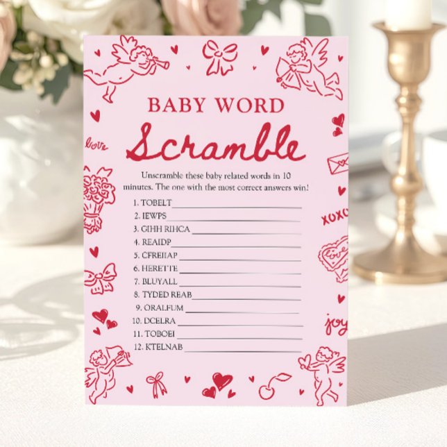 Pink Hand Drawn Valentine Baby Word Scramble Game Einladung (Pink Hand Drawn Valentine Baby Word Scramble Game)