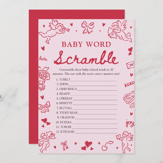 Pink Hand Drawn Valentine Baby Word Scramble Game Einladung (Vorne/Hinten)
