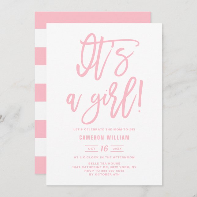 Pink Hand Lettered It's a Girl Baby Shower Einladung (Vorne/Hinten)