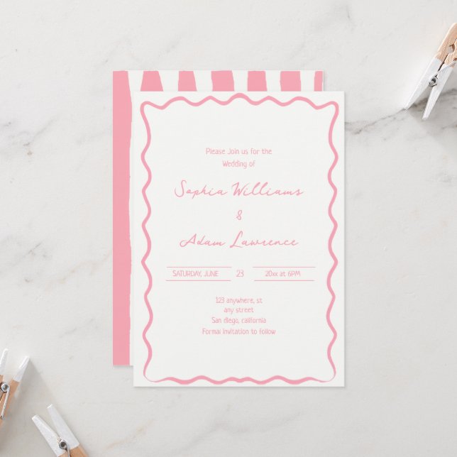 Pink Hand Written Pinstripes Whimsical Wedding Einladung (Vorderseite/Rückseite Beispiel)