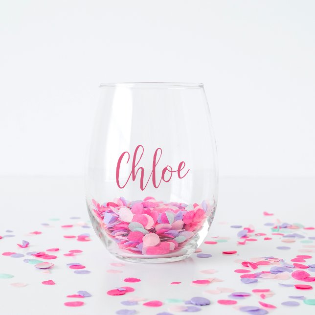 Pink Handschrift Name Bachelorette Brautparty Weinglas Ohne Stiel (Von Creator hochgeladen)