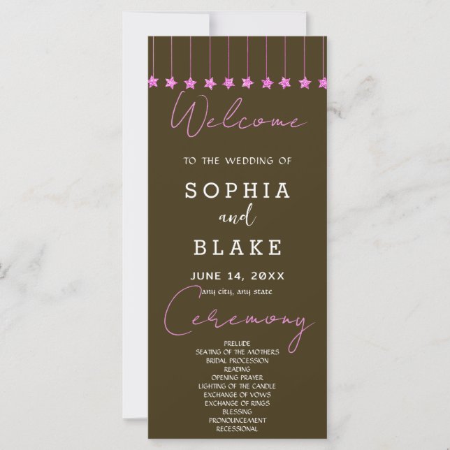Pink Hanging Stars Dark Brown Wedding Program (Vorderseite)