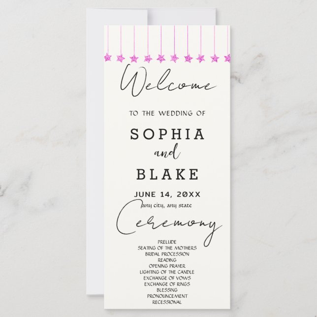 Pink Hanging Stars Off White Wedding Programm (Vorderseite)
