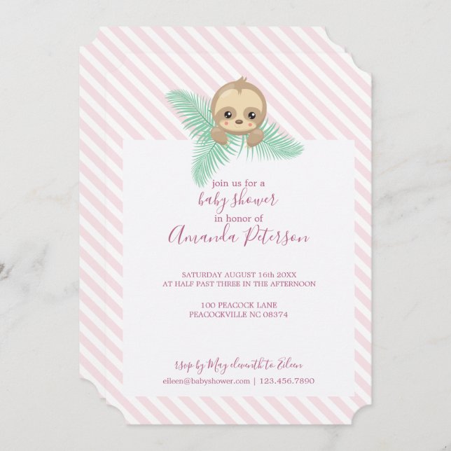 Pink Happy Baby Sloth Babydusche Einladung (Vorne/Hinten)