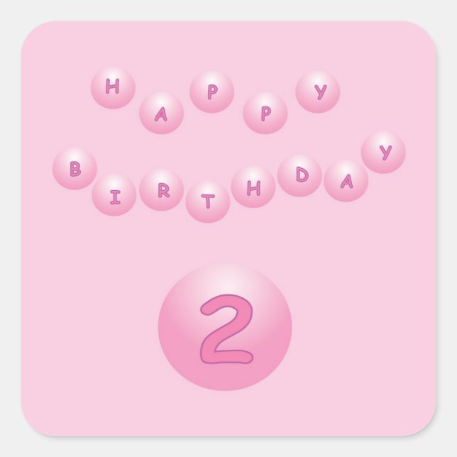 Pink Happy Birthday Balls Age 2 Quadratischer Aufkleber (Vorderseite)
