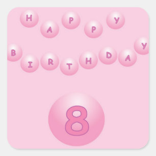 Pink Happy Birthday Balls Age 8 Quadratischer Aufkleber