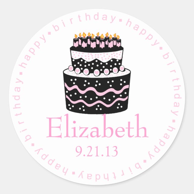 Pink Happy Birthday Cake Runder Aufkleber (Vorderseite)