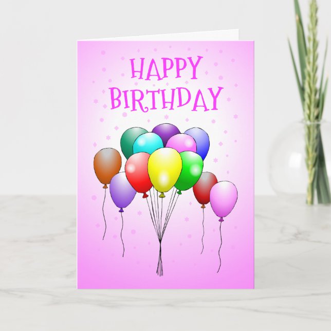 Pink Happy Birthday Card mit farbigen Balloons Karte (Vorderseite)