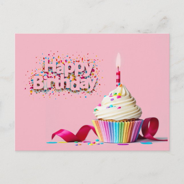 Pink Happy Birthday Cupcake Postcard Postkarte (Vorderseite)