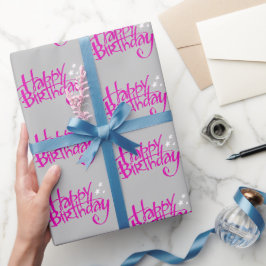 Pink Happy Birthday on Gray Geschenkpapier