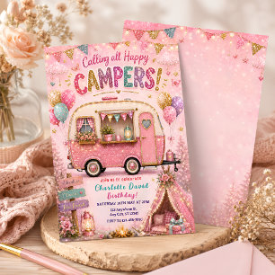 Pink Happy Camper Geburtstag Einladung