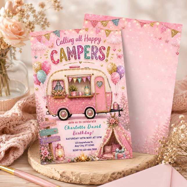 Pink Happy Camper Geburtstag Einladung (Von Creator hochgeladen)