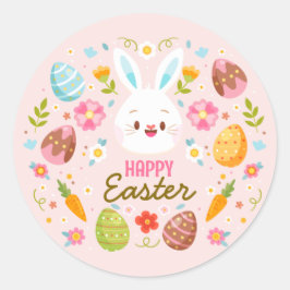Pink Happy Easter BunnySpring Floral Runder Aufkleber