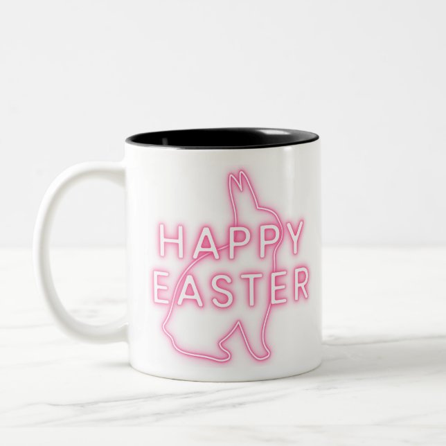 Pink happy Easter sign with bunny neon light trans Zweifarbige Tasse (Links)