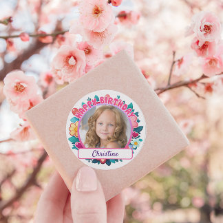 Pink Happy Geburtstag, Blume und Herzen individuiz Runder Aufkleber