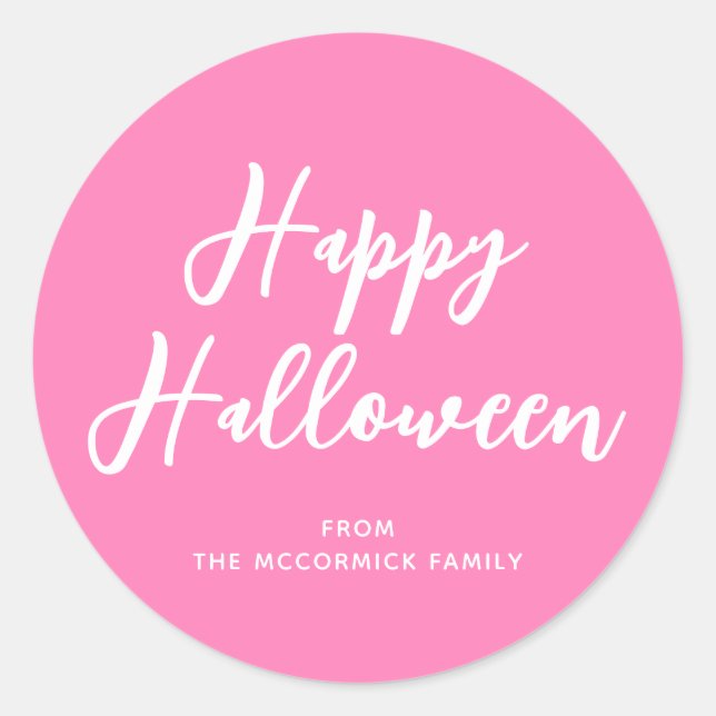 Pink Happy Halloween Moderne Script Typografie Runder Aufkleber (Vorderseite)