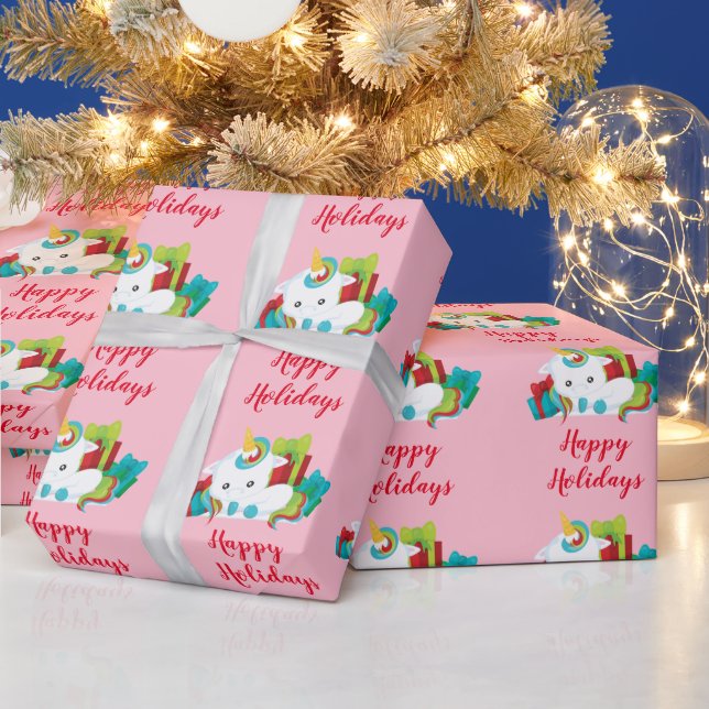 Pink Happy Holidays Unicorn Geschenkpapier (Feiertage)