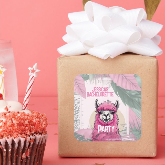 Pink Happy Lama Bachelorette Quadratischer Aufkleber (Party)